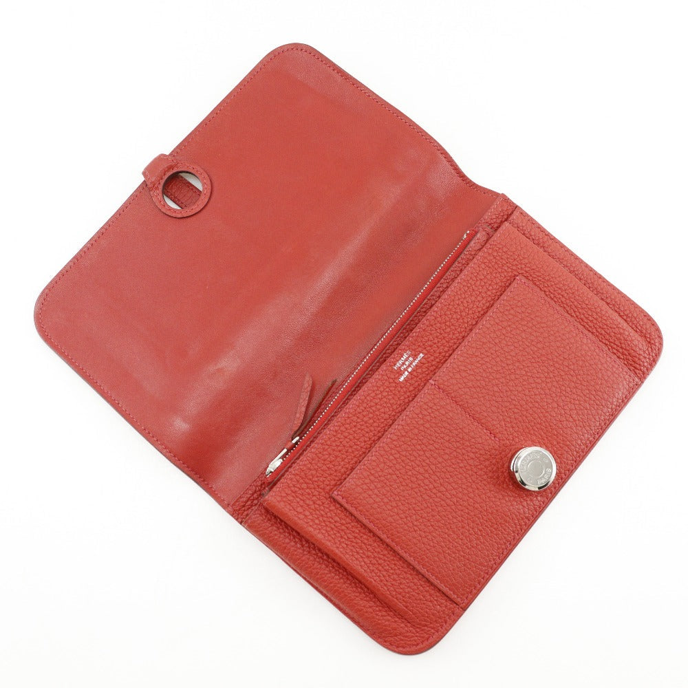 HERMES Long Wallet Purse Taurillon Clemence Red Dogon GM Women Used