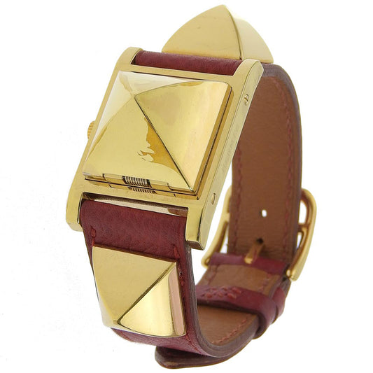 HERMES Watches Quartz ME1.201 Plated Gold , Leather wine-red Medor White dial Women Used