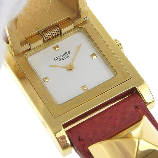 HERMES Watches Quartz ME1.201 Plated Gold , Leather wine-red Medor White dial Women Used
