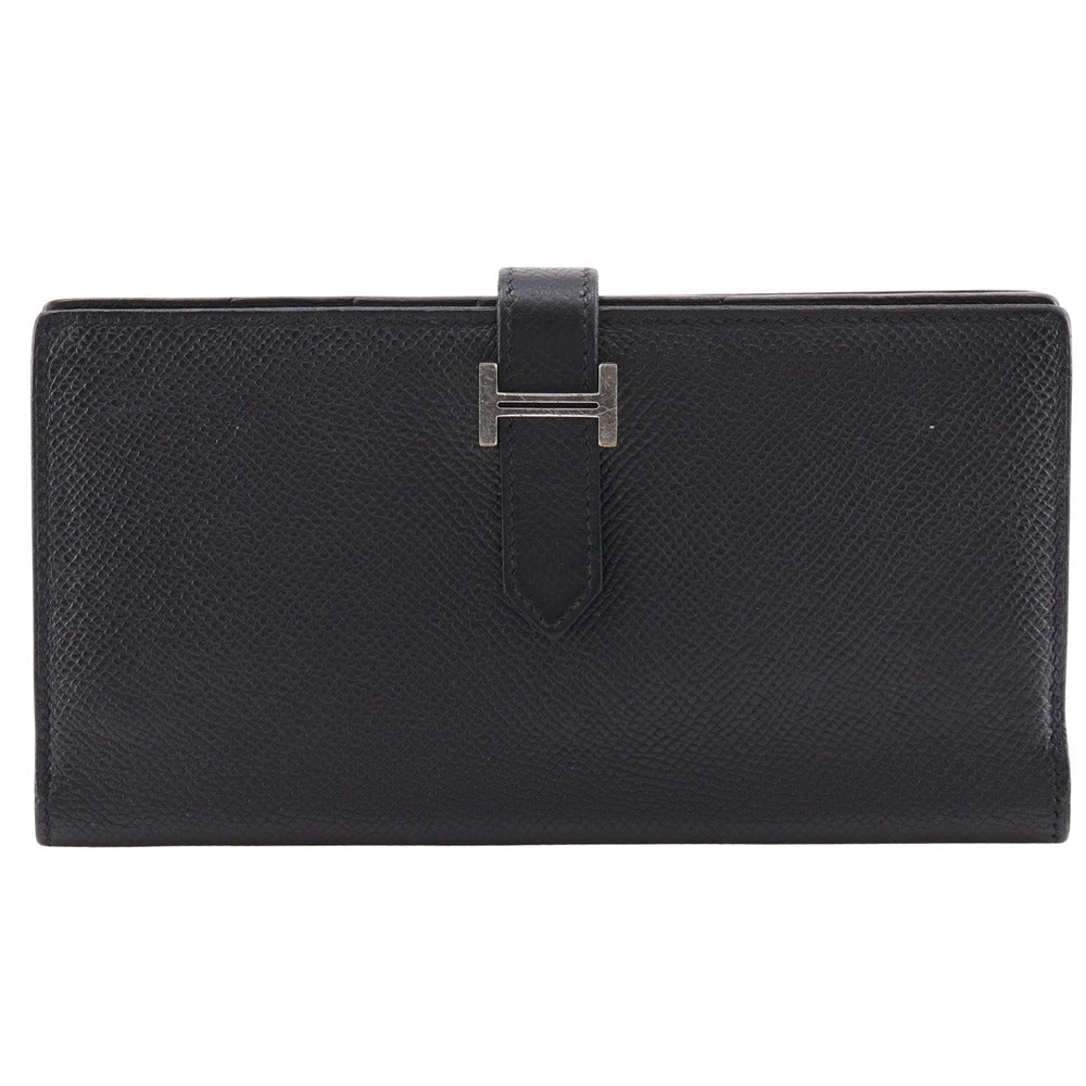HERMES Long Wallet Purse Courchevel Black/Silver Metal Bean