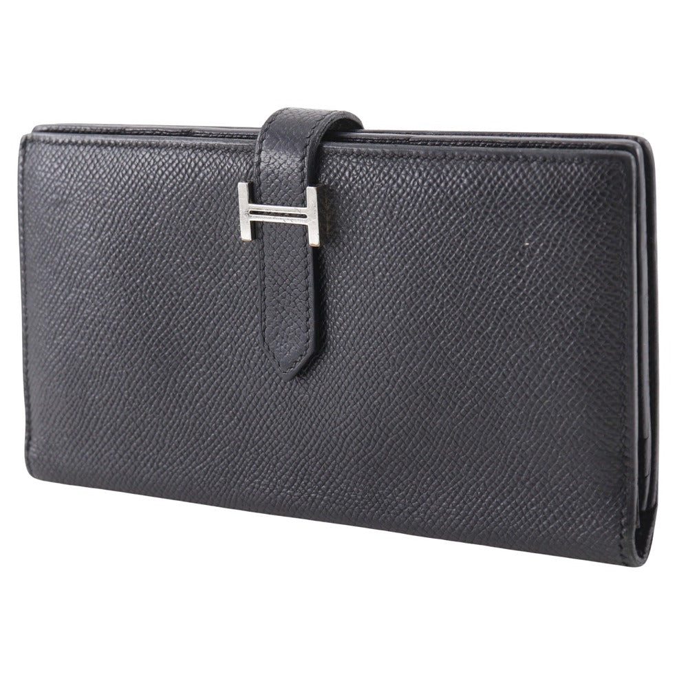 HERMES Long Wallet Purse Courchevel Black/Silver Metal Bean