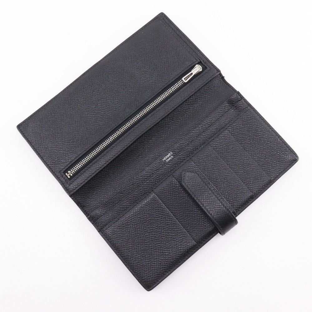 HERMES Long Wallet Purse Courchevel Black/Silver Metal Bean