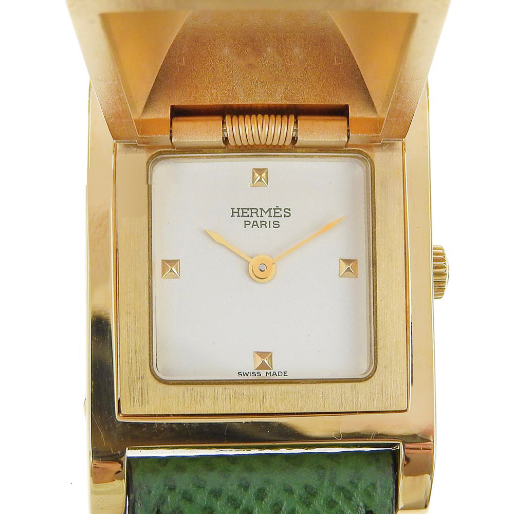 HERMES Watches Quartz Plated Gold , Leather green Medor White dial Women Used
