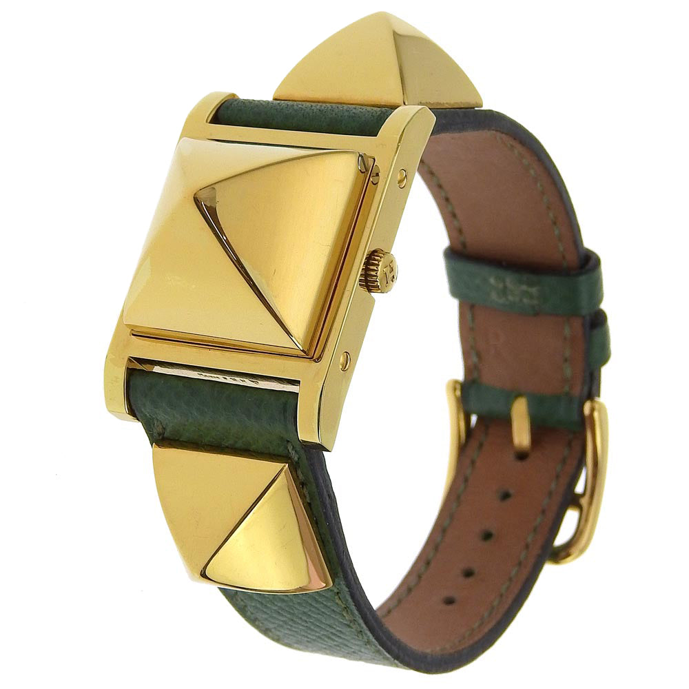 HERMES Watches Quartz Plated Gold , Leather green Medor White dial Women Used