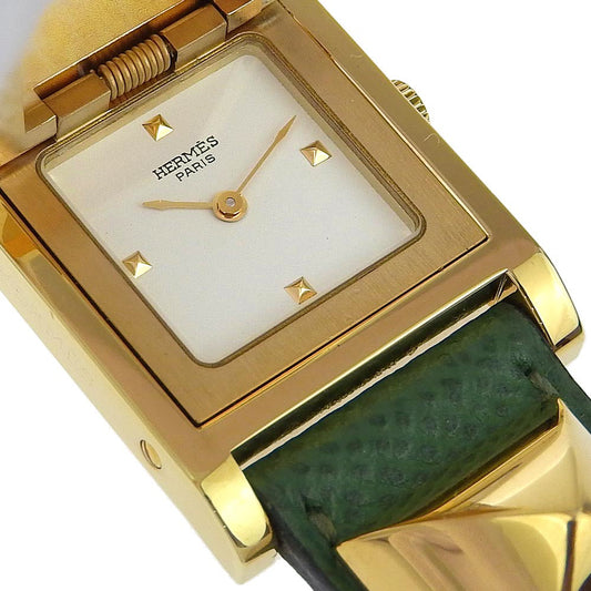 HERMES Watches Quartz Plated Gold , Leather green Medor White dial Women Used