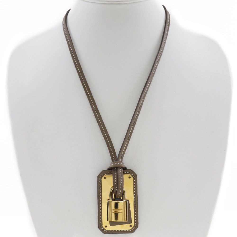 HERMES Necklace Vaux Swift Brown gold Oakley Pendant Women Used