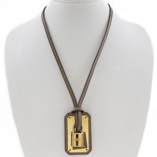 HERMES Necklace Vaux Swift Brown gold Oakley Pendant Women Used