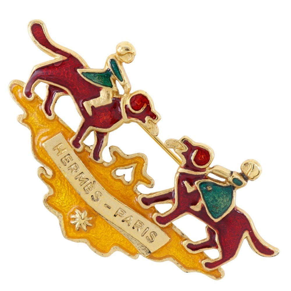 HERMES Brooch Plated Gold wine-red Cloisonne dog and girl Women Used