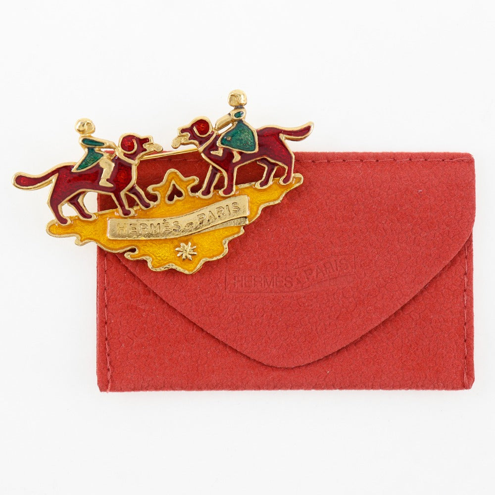 HERMES Brooch Plated Gold wine-red Cloisonne dog and girl Women Used