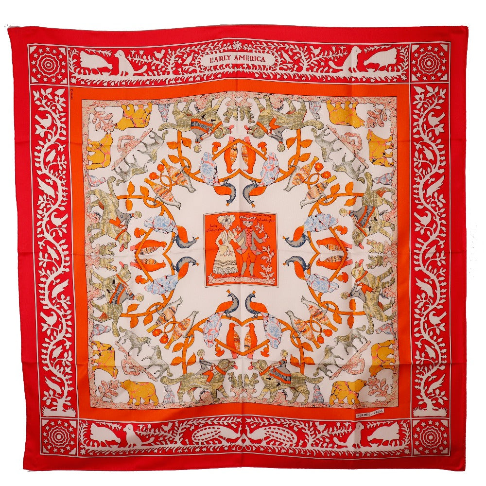 HERMES scarf silk Red EARLY AMERICA Good old America Carre90 Women Used