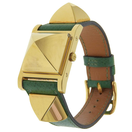 HERMES Watches Quartz ME1.201 Plated Gold , Leather gold Medor White dial Women Used