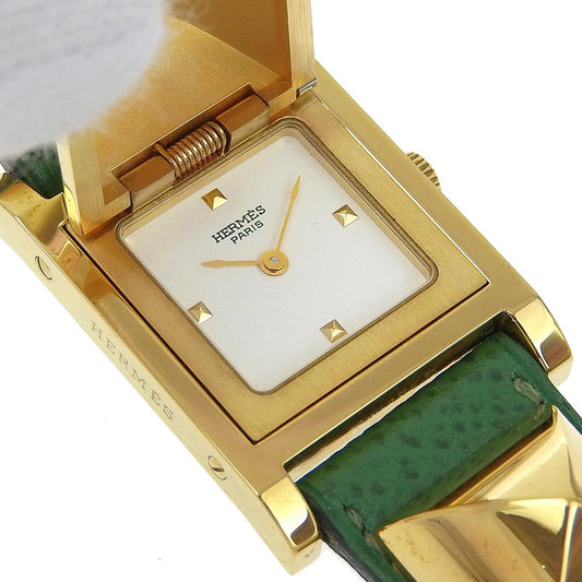 HERMES Watches Quartz ME1.201 Plated Gold , Leather gold Medor White dial Women Used