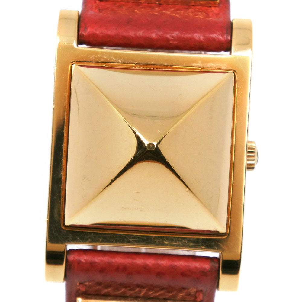 HERMES Watches Quartz Plated Gold , Leather Red Medor White dial Women Used