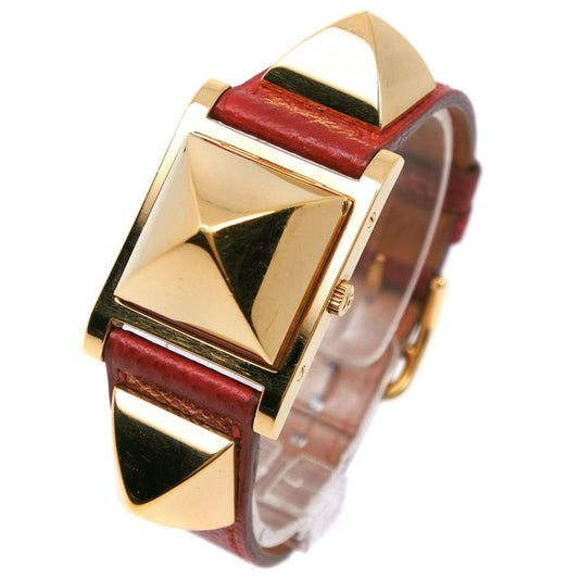 HERMES Watches Quartz Plated Gold , Leather Red Medor White dial Women Used