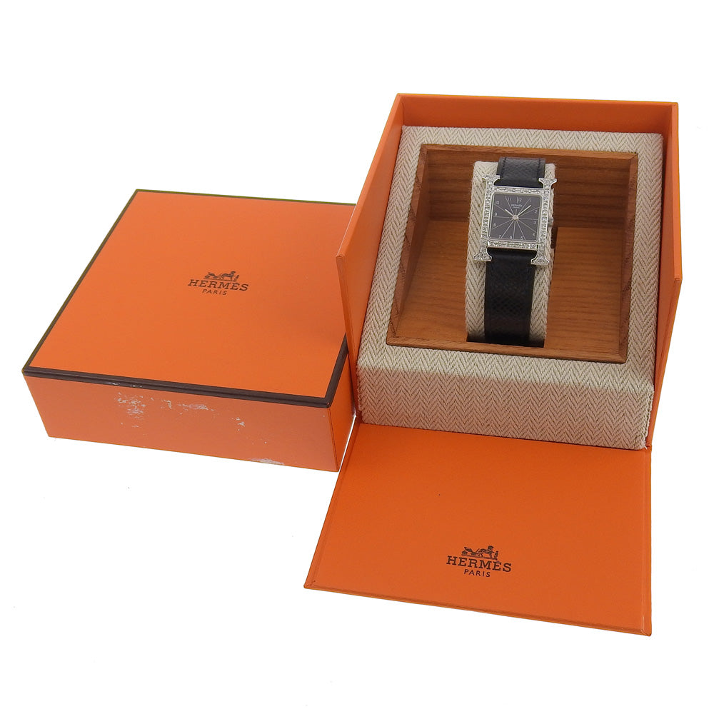 HERMES Watches Quartz HH1.210 Stainless Steel , Embossed Leather black H watch black dial