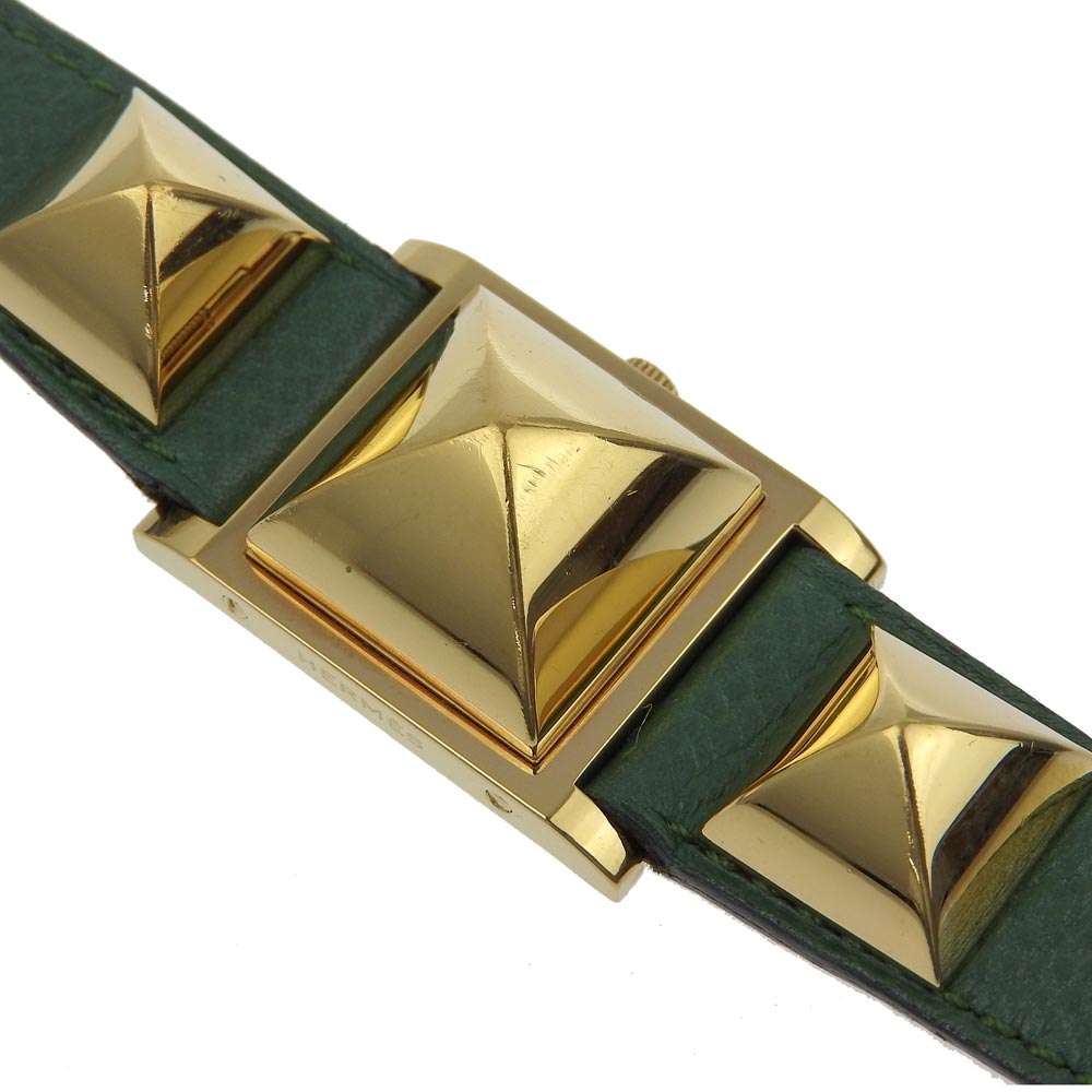HERMES Watches Quartz Plated Gold , Leather green Medor White dial
