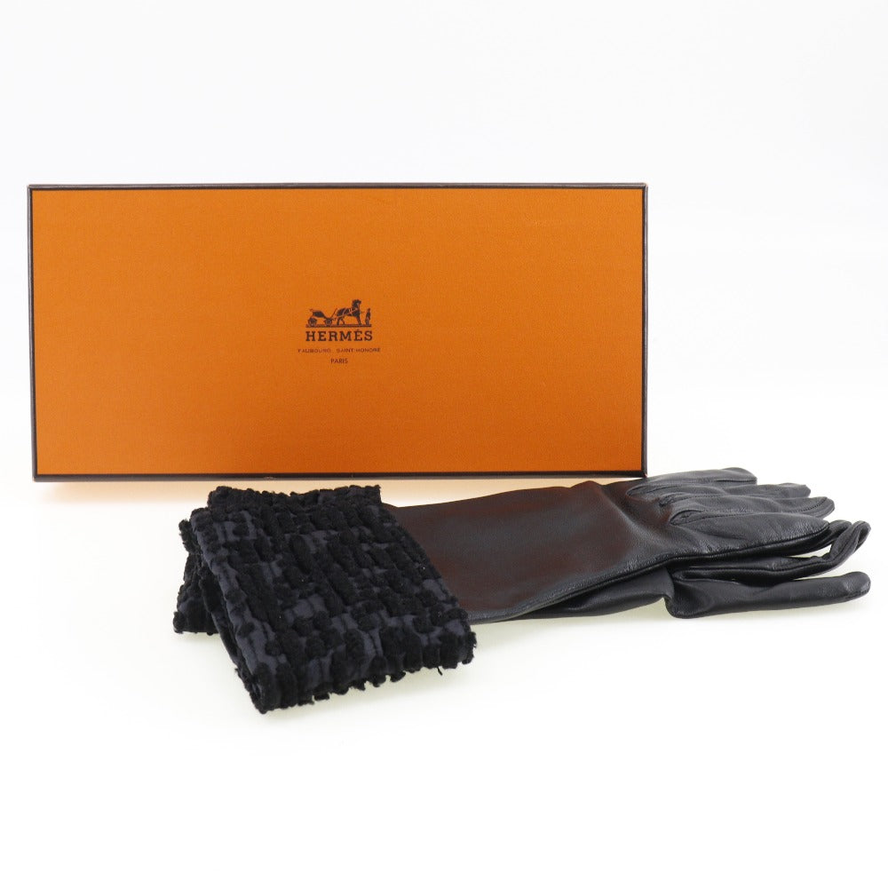 HERMES gloves Lambskin, Satin black Glove Women 7 1/2 Used