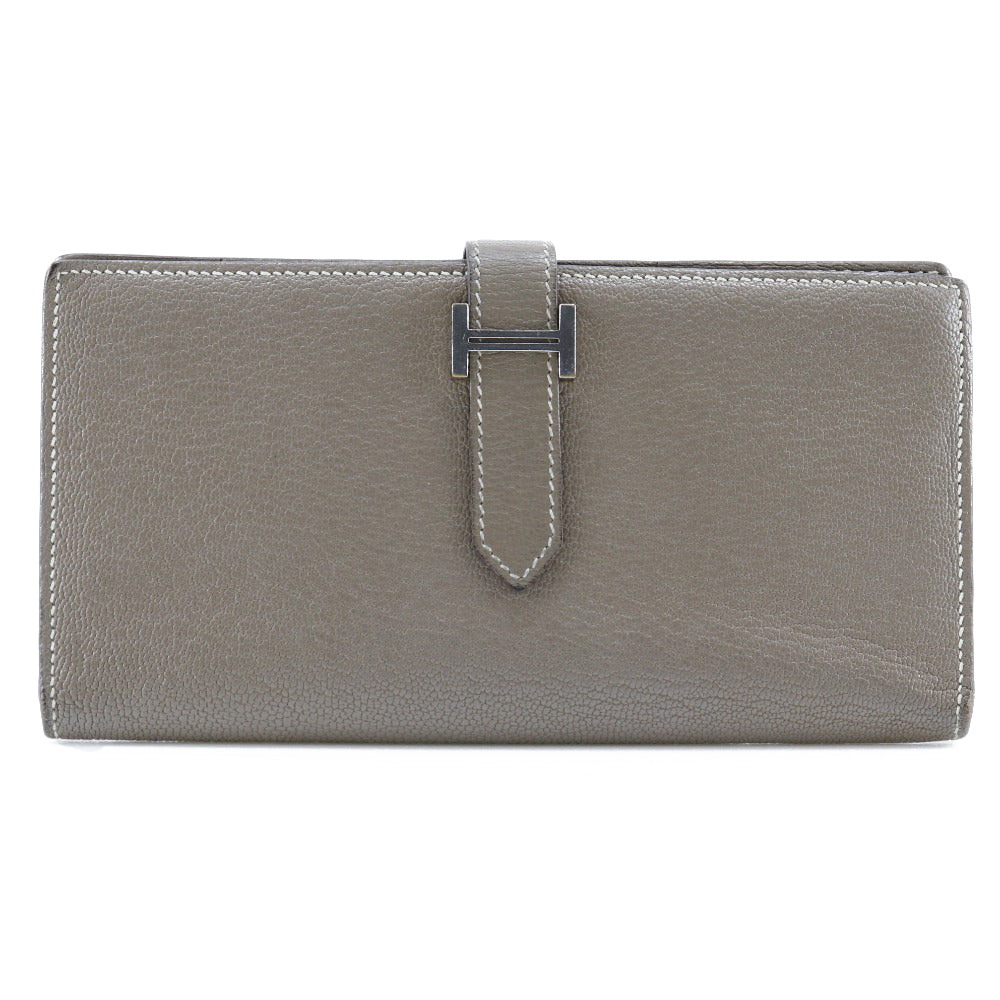 HERMES Long Wallet Purse Shave Grey SilverMetal Bane Souffle Women Used
