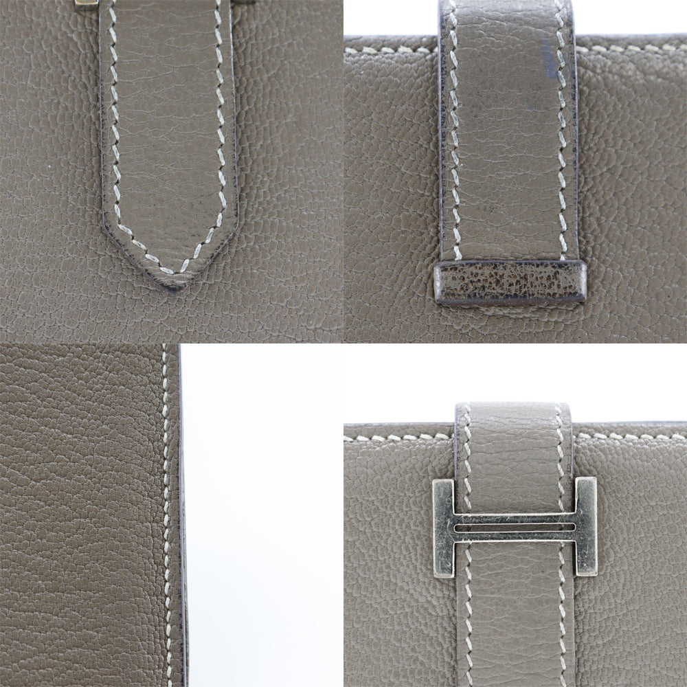 HERMES Long Wallet Purse Shave Grey SilverMetal Bane Souffle Women Used