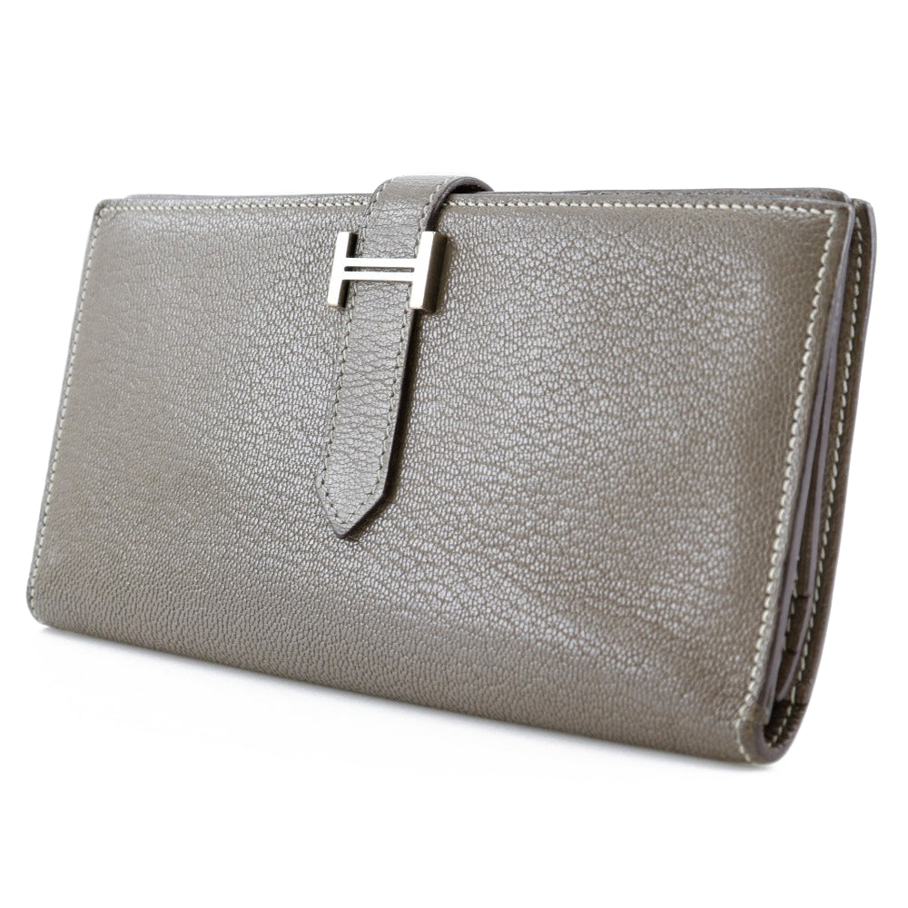 HERMES Long Wallet Purse Shave Grey SilverMetal Bane Souffle Women Used