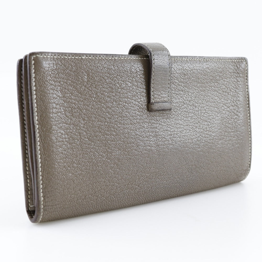HERMES Long Wallet Purse Shave Grey SilverMetal Bane Souffle Women Used
