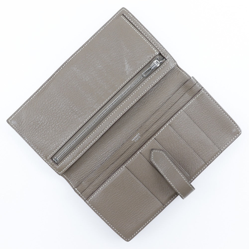HERMES Long Wallet Purse Shave Grey SilverMetal Bane Souffle Women Used