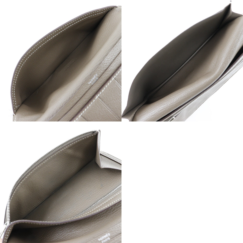 HERMES Long Wallet Purse Shave Grey SilverMetal Bane Souffle Women Used