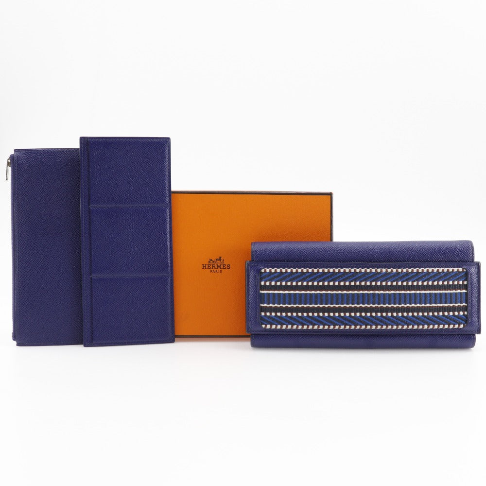 HERMES Long Wallet Purse Epsom Blue Passan Long Sangle Caval Women Used
