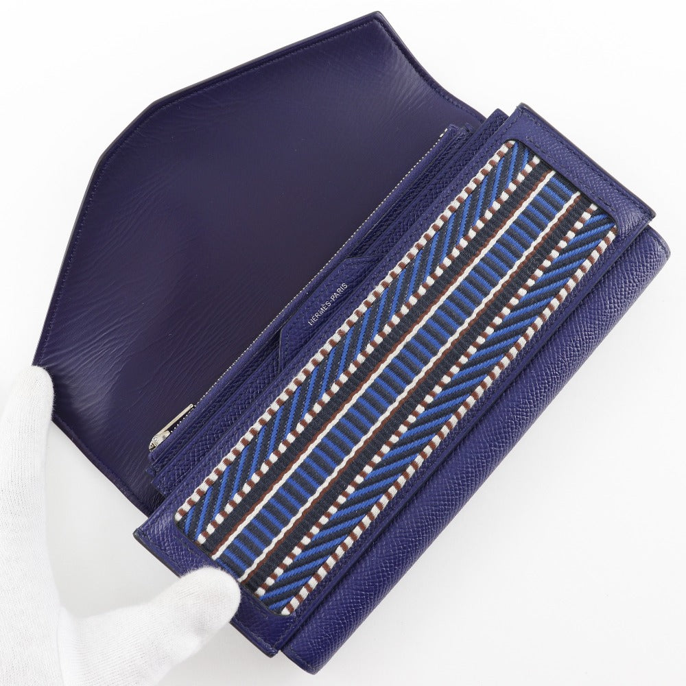 HERMES Long Wallet Purse Epsom Blue Passan Long Sangle Caval Women Used