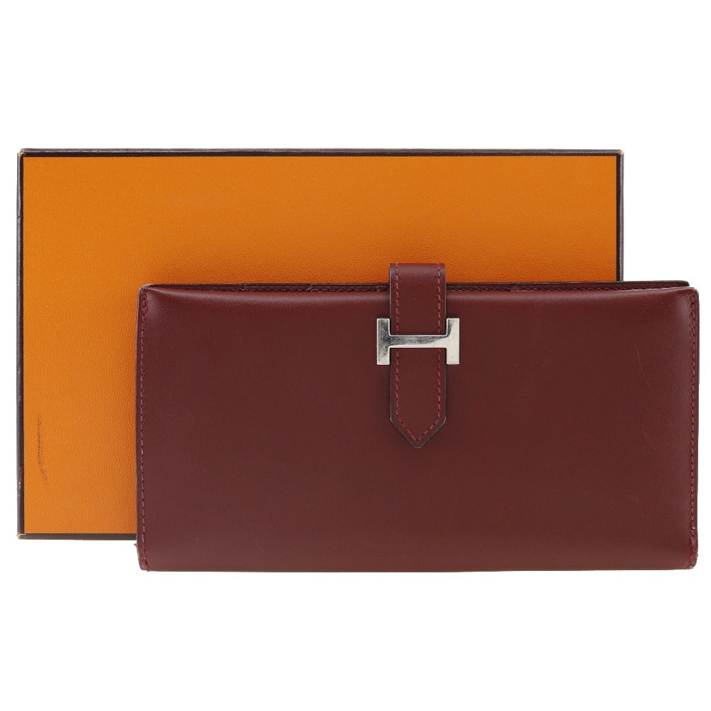 HERMES Long Wallet Purse Calfskin wine-red Bean Women Used