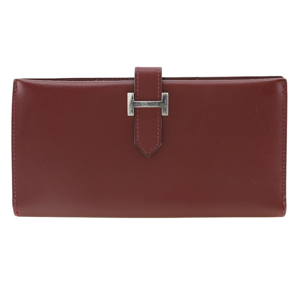 HERMES Long Wallet Purse Calfskin wine-red Bean Women Used