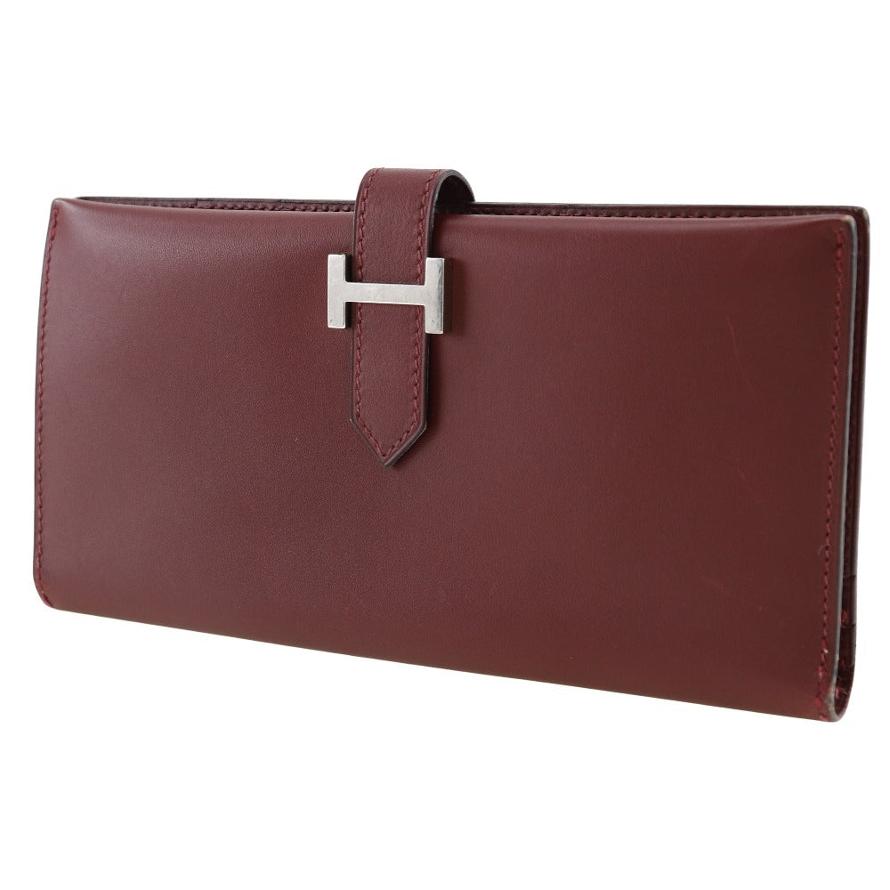 HERMES Long Wallet Purse Calfskin wine-red Bean Women Used