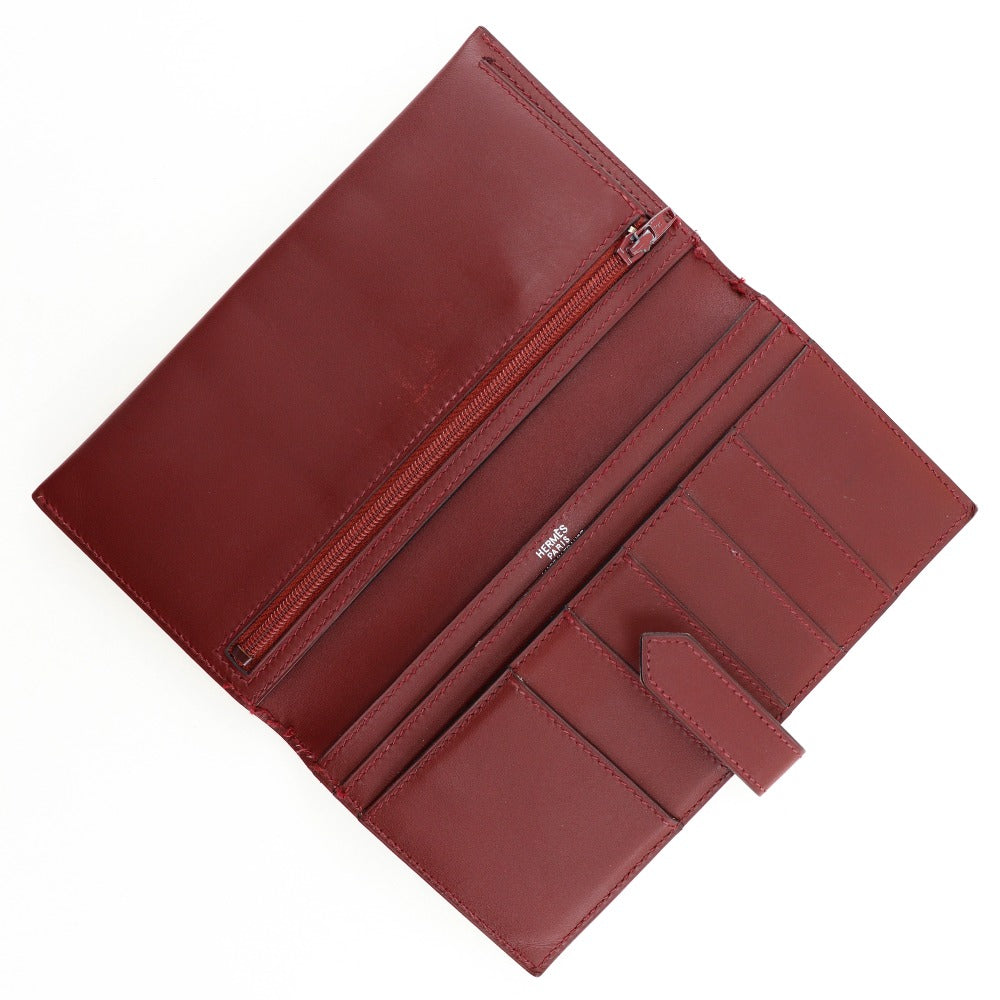 HERMES Long Wallet Purse Calfskin wine-red Bean Women Used