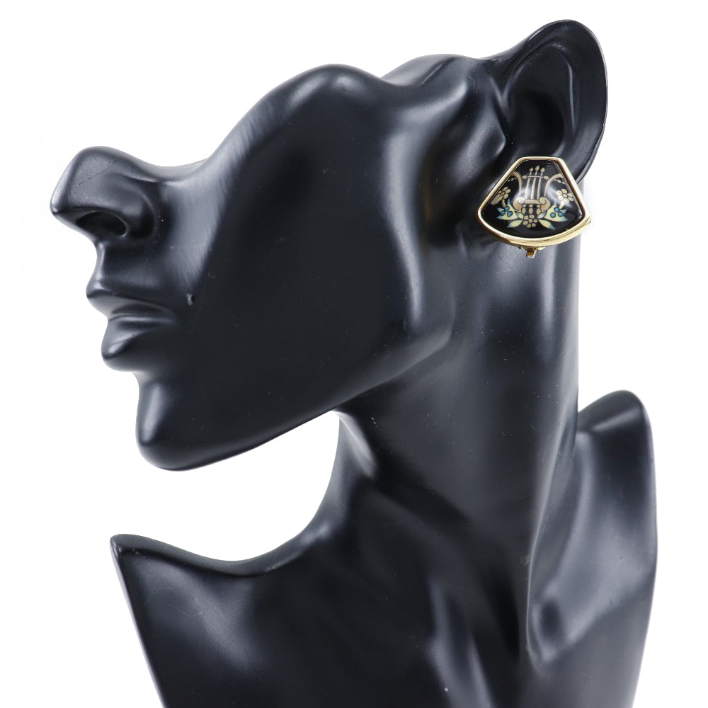 HERMES Earring Plated Gold black Cloisonne Emile Harp motif Women Used