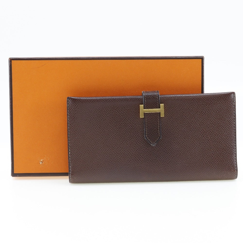 HERMES Long Wallet Purse Epsom Brown/Gold Metal Baan classic unisex(Unisex) Used