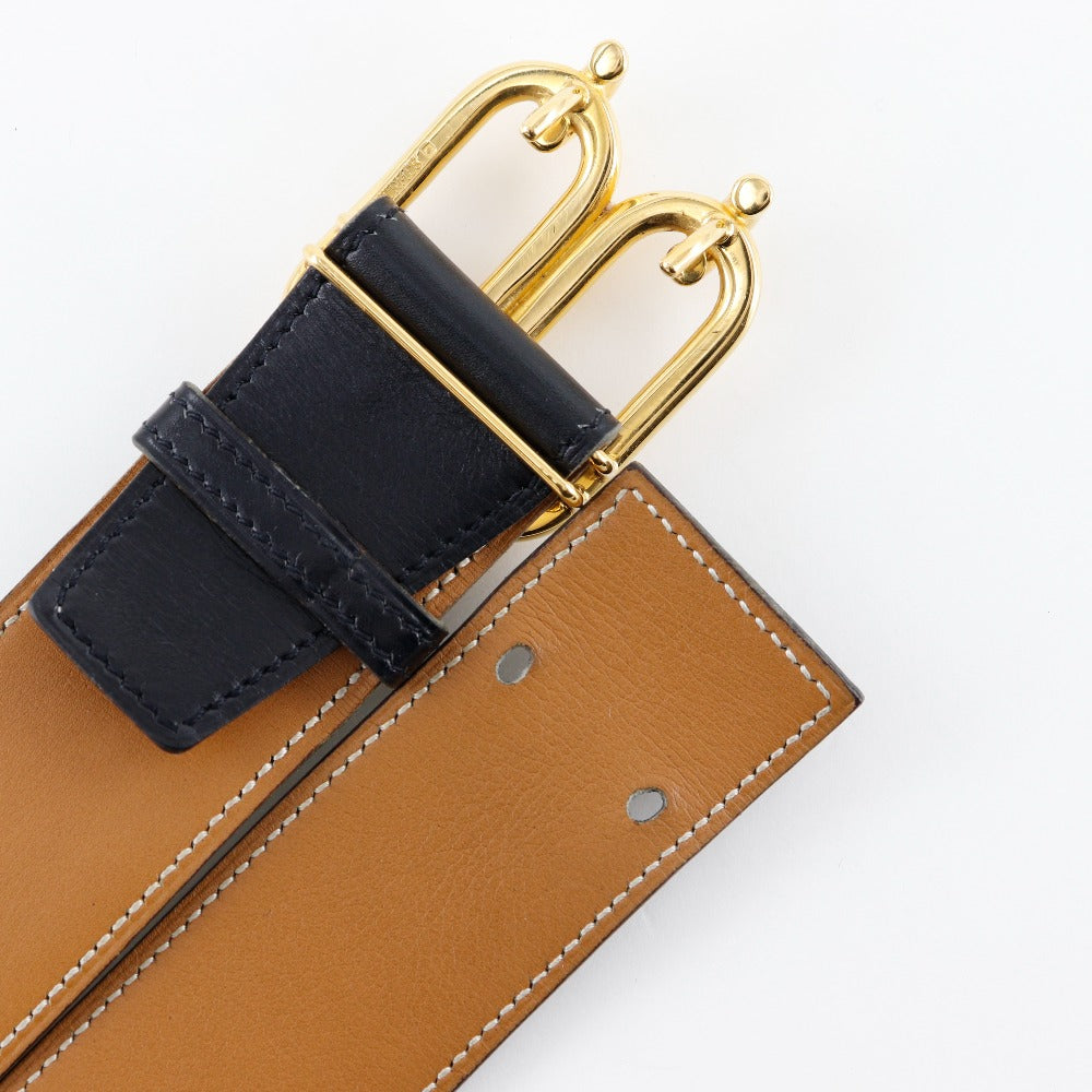 HERMES belt Plated Gold , Calfskin black vintage Chene Dunkle 85