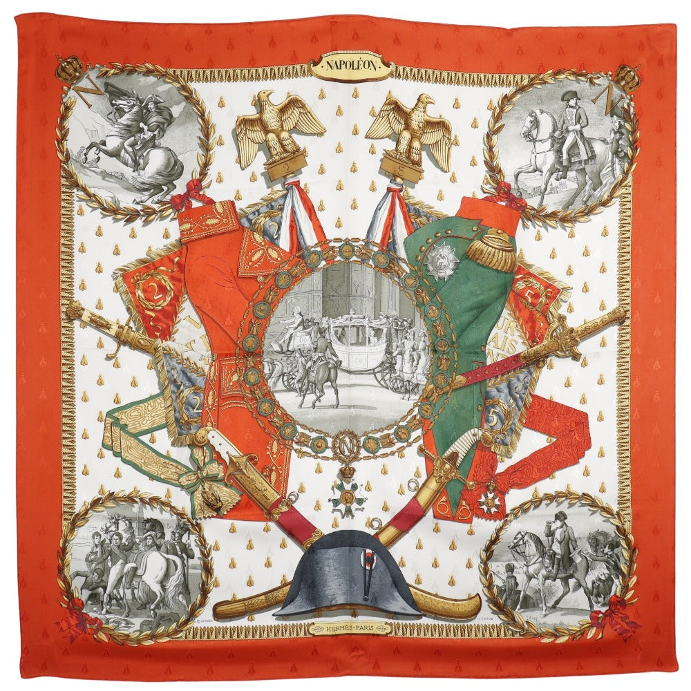 HERMES scarf silk White / orange Napoleon NAPOLEON Carre90 Women Used