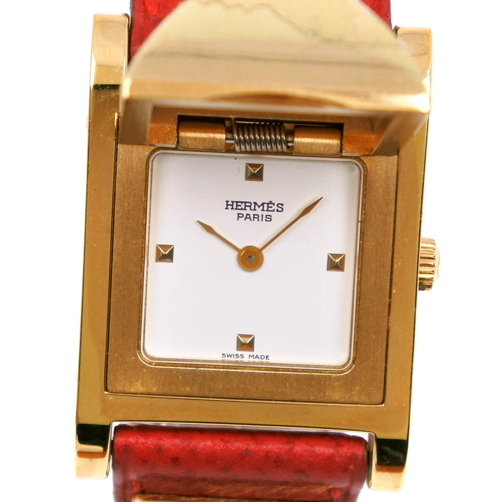 HERMES Watches Quartz Plated Gold , Leather Red/gold Medor White dial Women Used