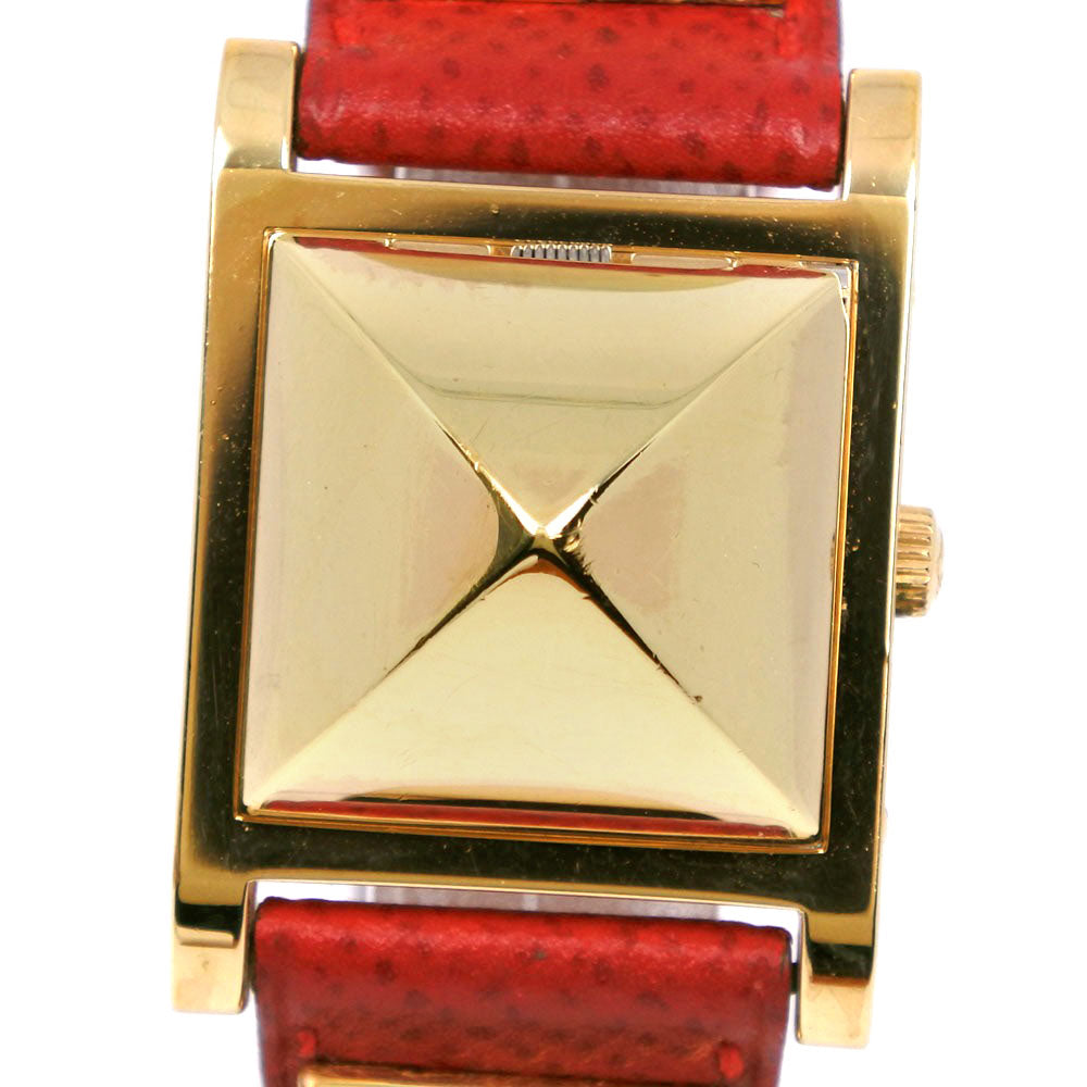 HERMES Watches Quartz Plated Gold , Leather Red/gold Medor White dial Women Used