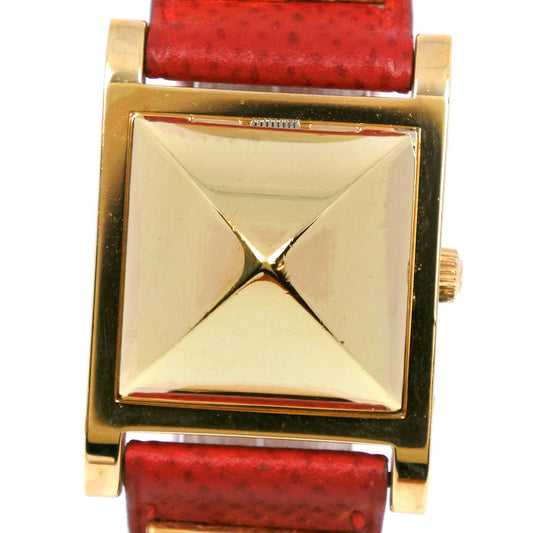 HERMES Watches Quartz Plated Gold , Leather Red/gold Medor White dial Women Used