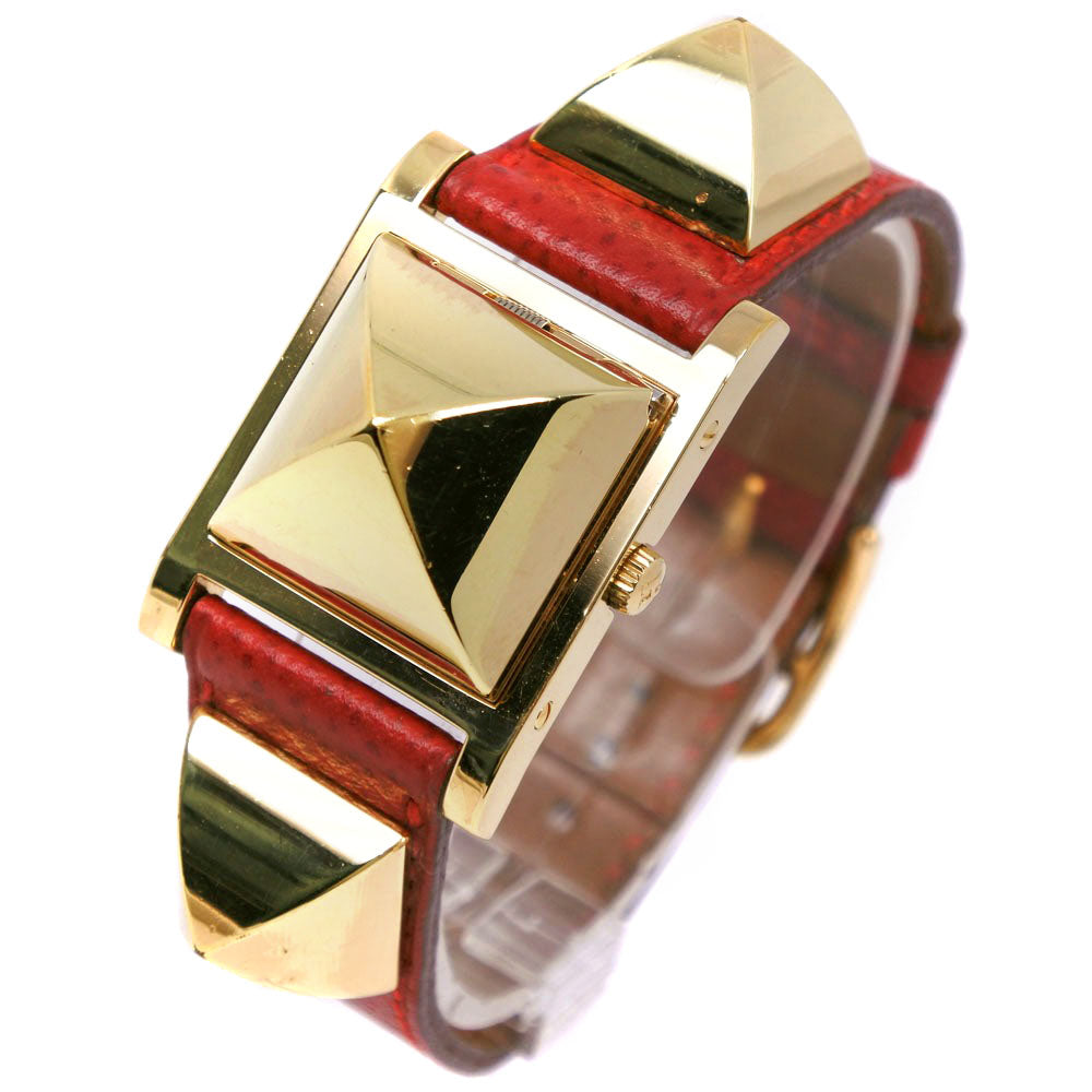 HERMES Watches Quartz Plated Gold , Leather Red/gold Medor White dial Women Used