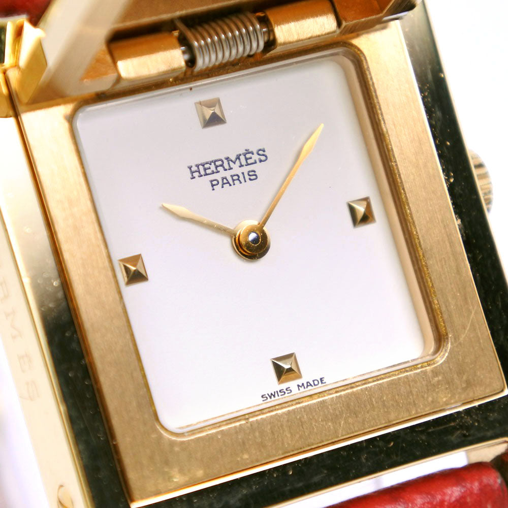 HERMES Watches Quartz Plated Gold , Leather Red/gold Medor White dial Women Used