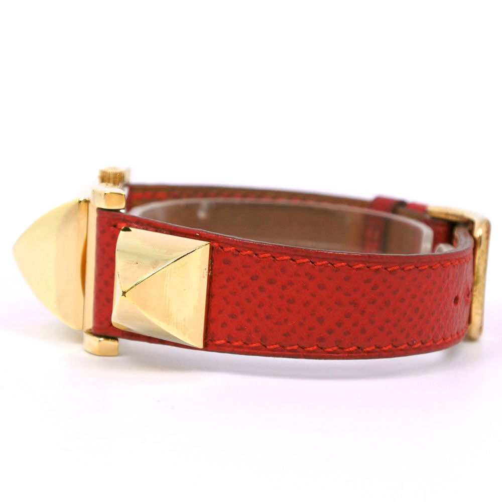 HERMES Watches Quartz Plated Gold , Leather Red/gold Medor White dial Women Used