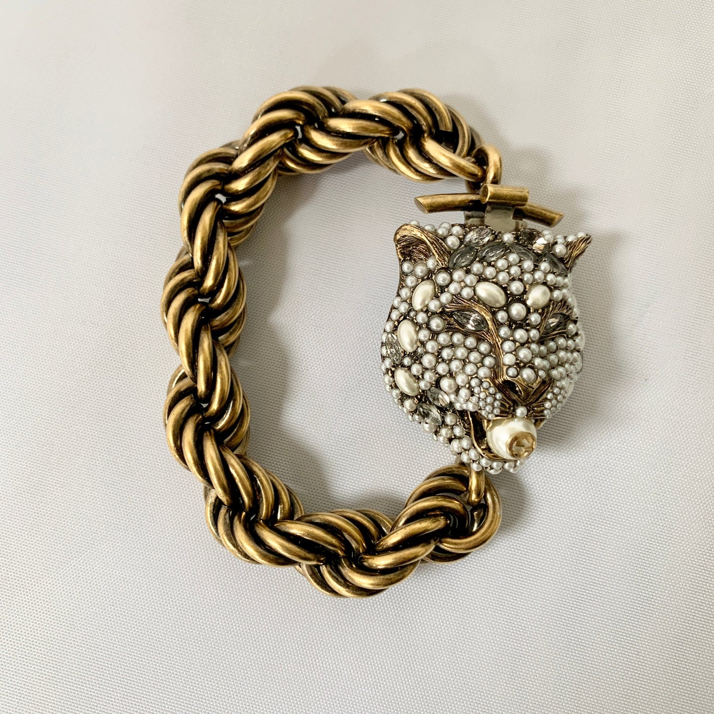 Gucci Chunky Feline Head Bracelet with Crystals in Gold
