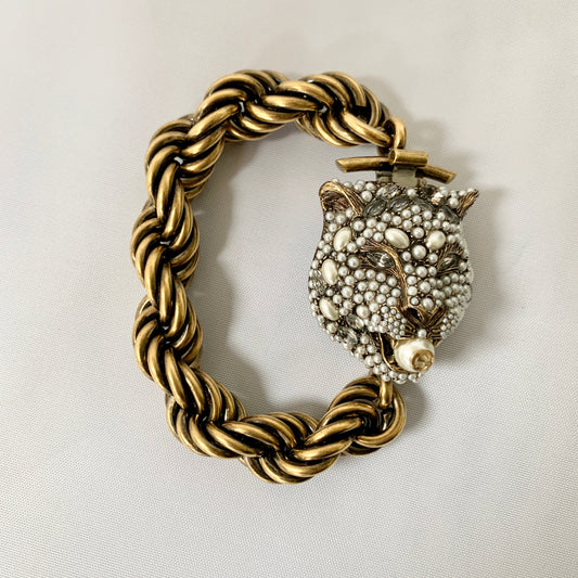 Gucci Chunky Feline Head Bracelet with Crystals in Gold