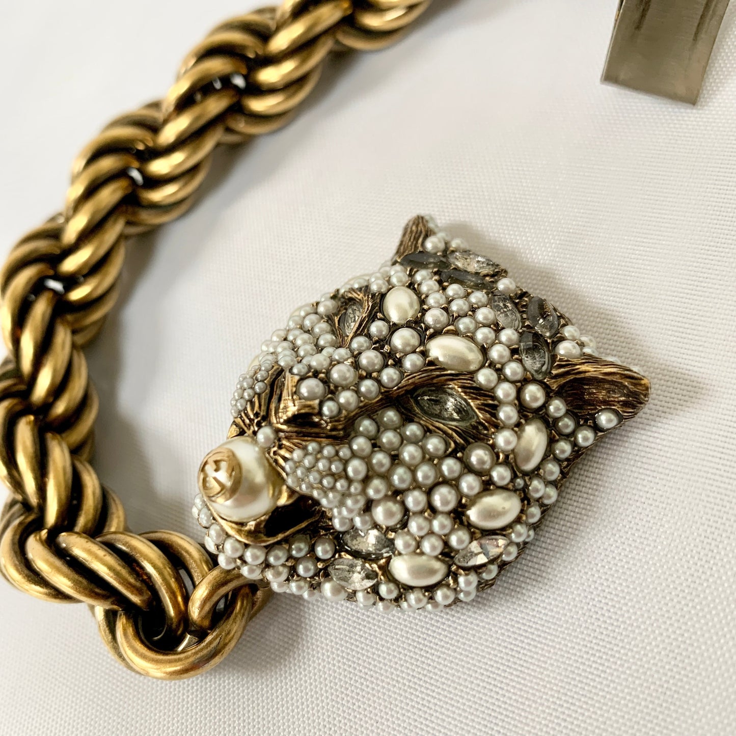 Gucci Chunky Feline Head Bracelet with Crystals in Gold