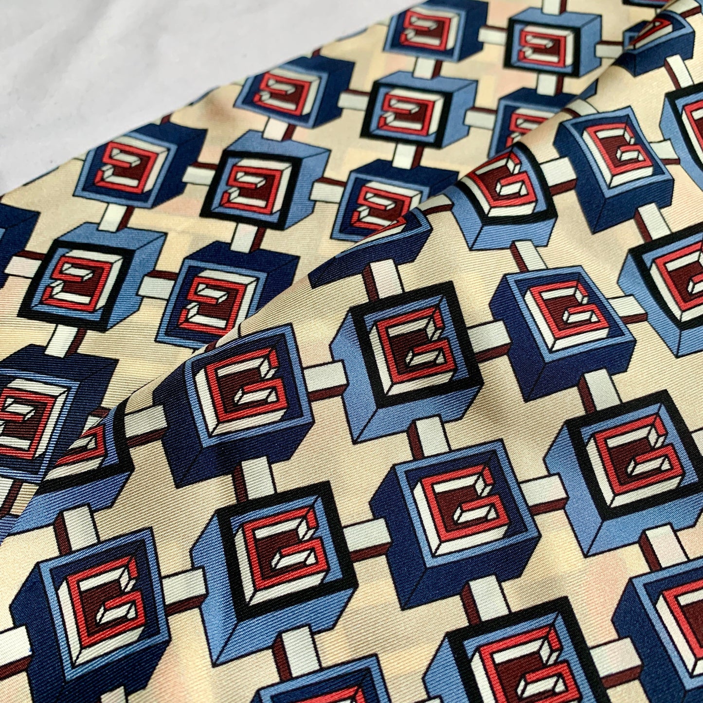 Gucci Silk Geometric G Print Neck Scarf in Cream and Slate Blue