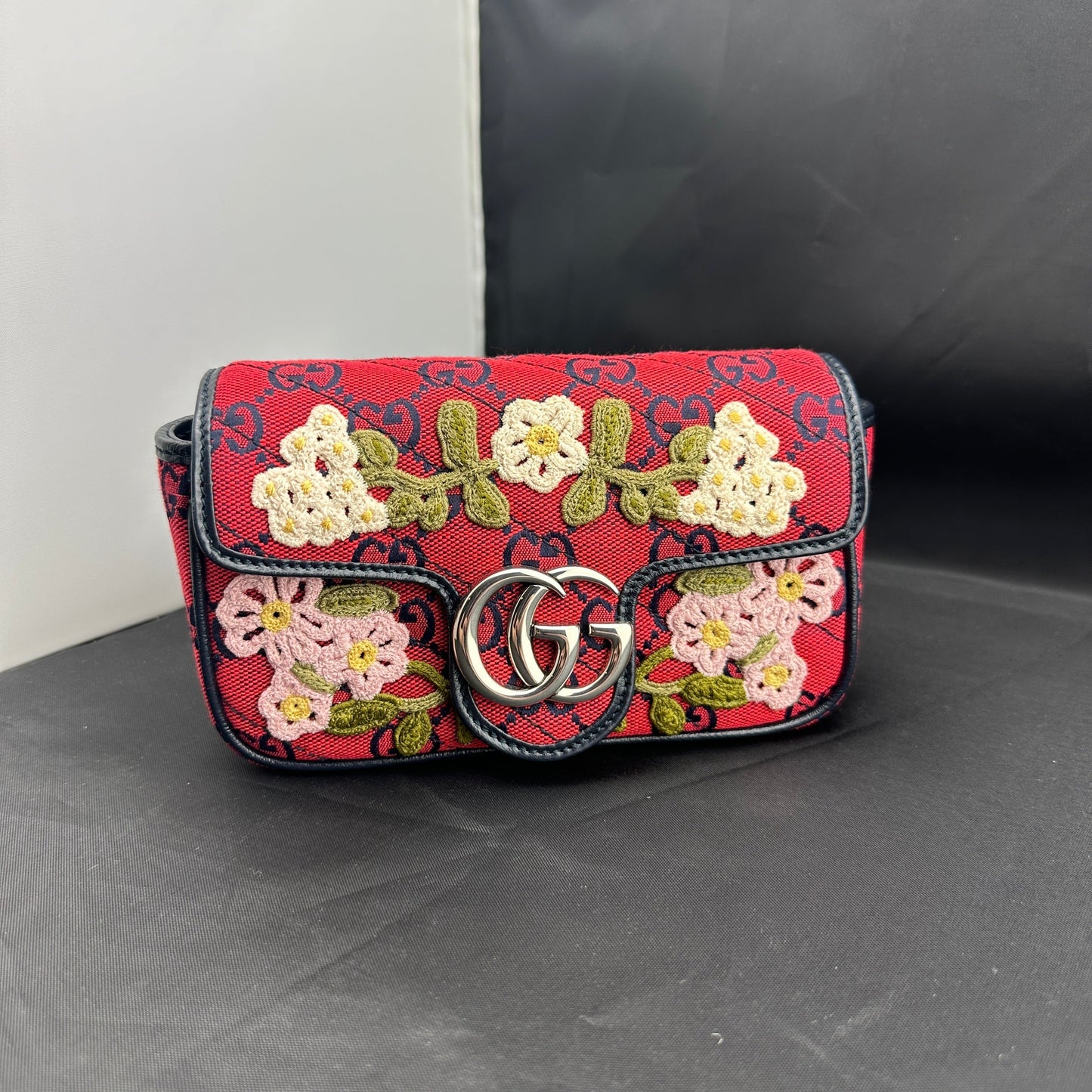 Gucci Monogram Multicolor Super Mini GG Marmont in Red with Floral Embroidery