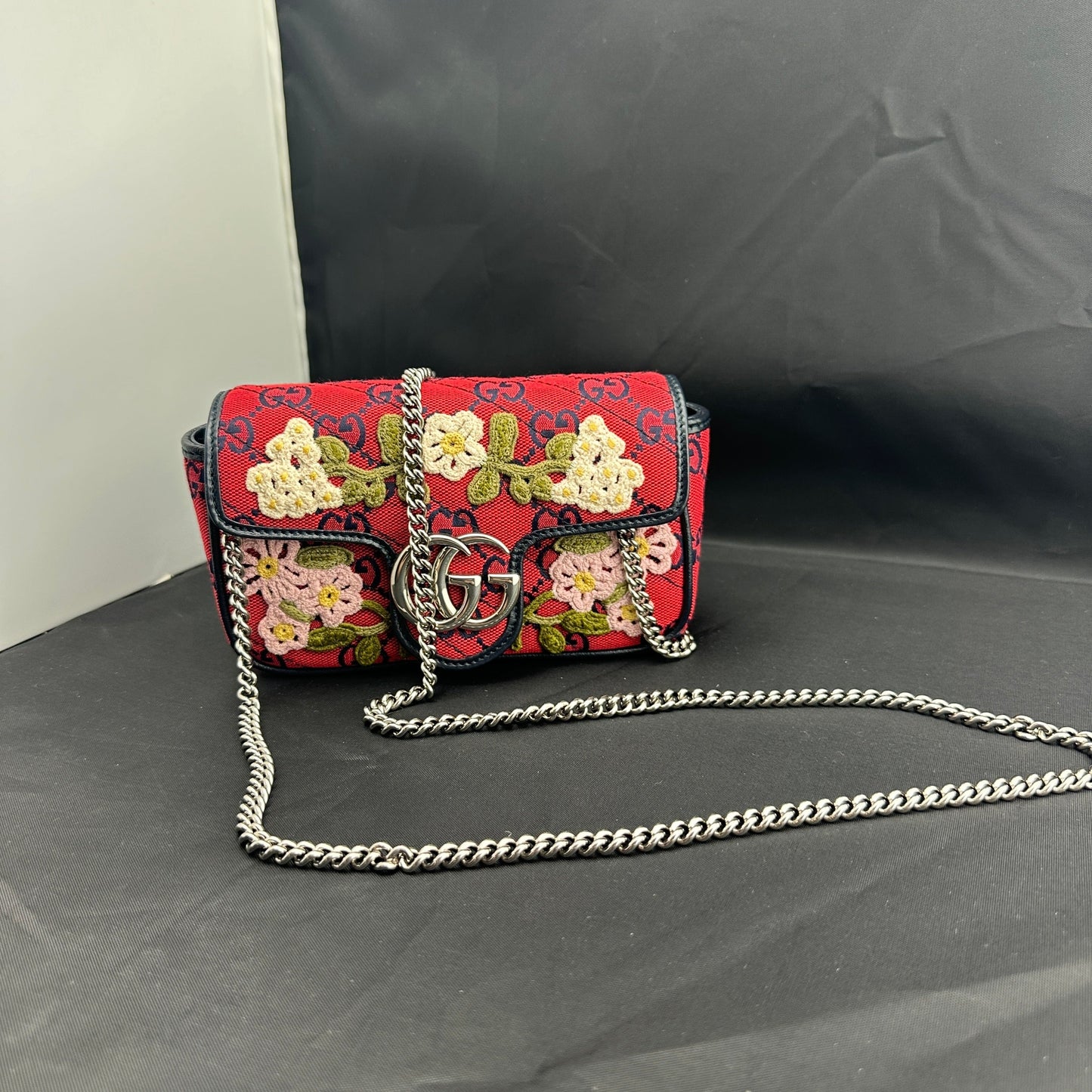 Gucci Monogram Multicolor Super Mini GG Marmont in Red with Floral Embroidery