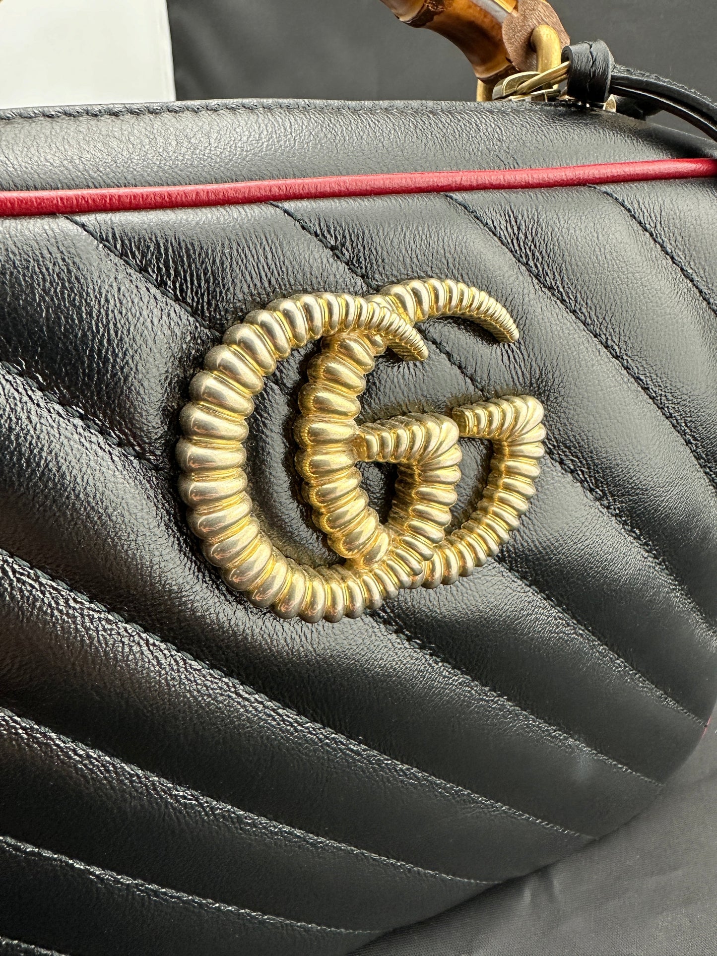 Gucci Black Matelassé Leather GG Marmont Bamboo Small Bag